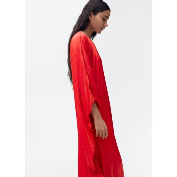 NEW Mango Pleated three-quarter sleeve dress RED SIZE S/100%AUTHENTIC - Picture 1 of 7